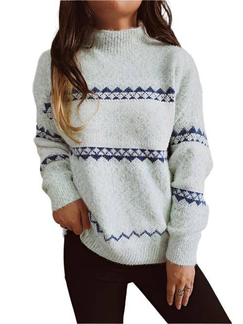 KRE Prime Women Geometric Mock Neck Dropped Shoulder Sweater - KRE Prime