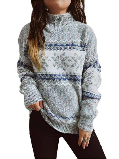 KRE Prime Women Geometric Mock Neck Dropped Shoulder Sweater - KRE Prime