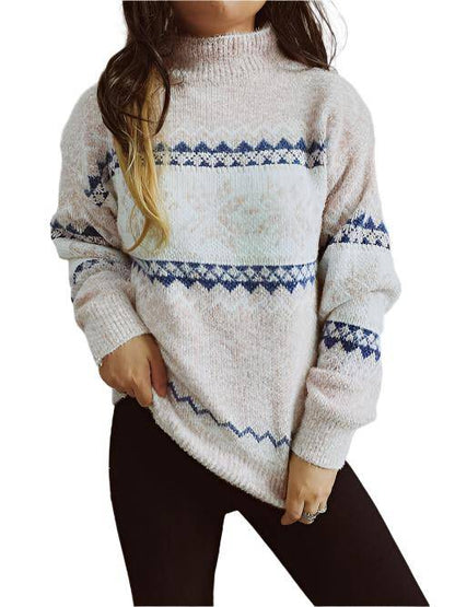 KRE Prime Women Geometric Mock Neck Dropped Shoulder Sweater - KRE Prime