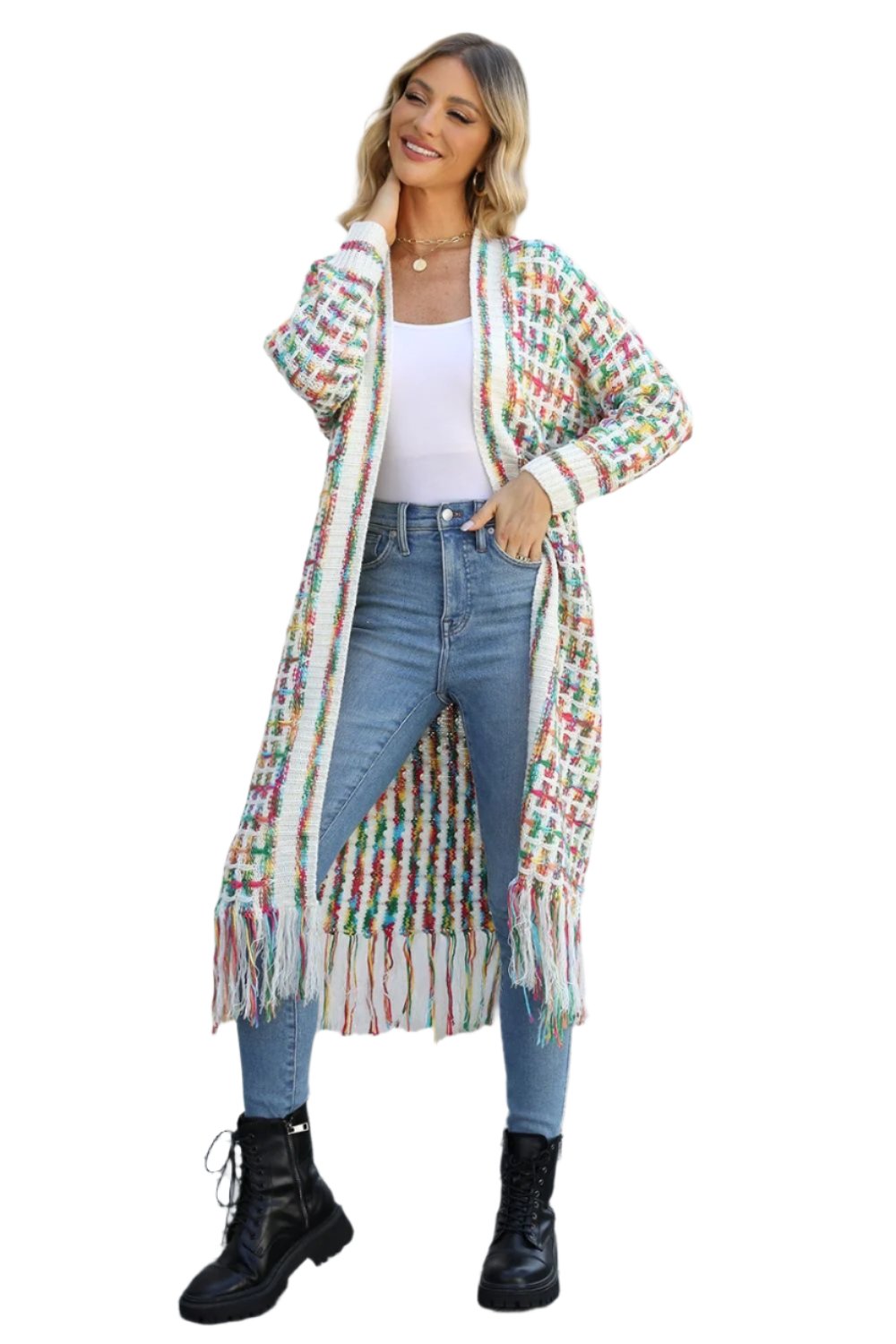 KRE Prime Women Multicolored Open Front Fringe Hem Cardigan - KRE Prime