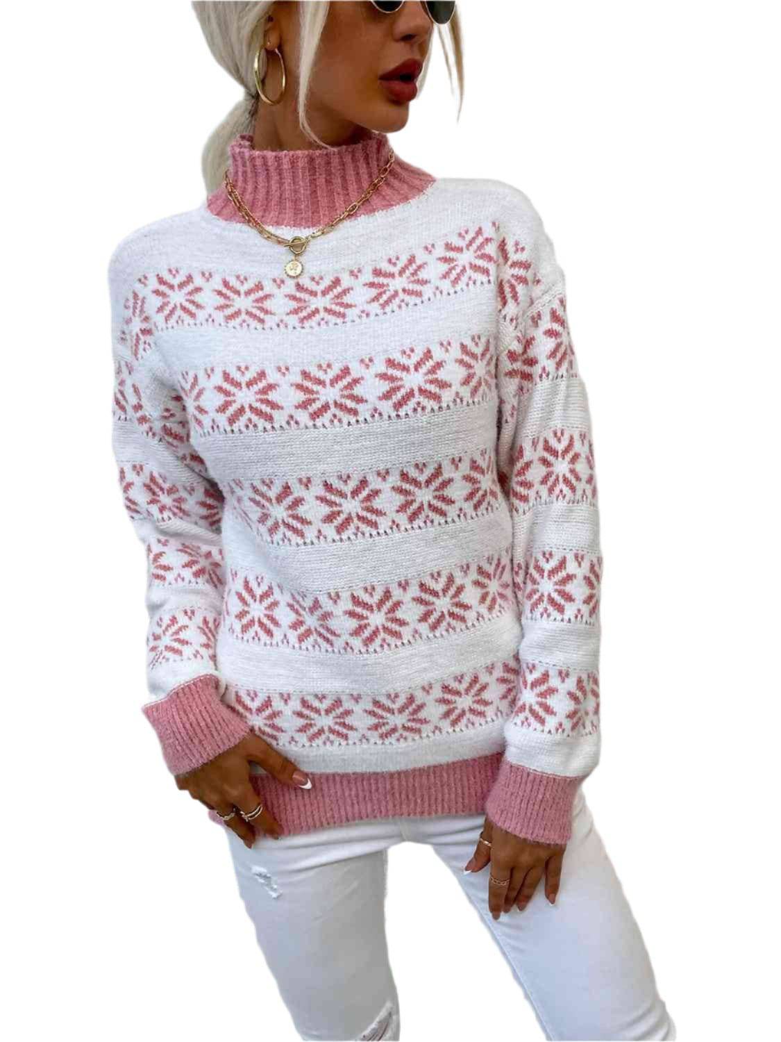 KRE Prime Women Snowflake Pattern Mock Neck Sweater - KRE Prime