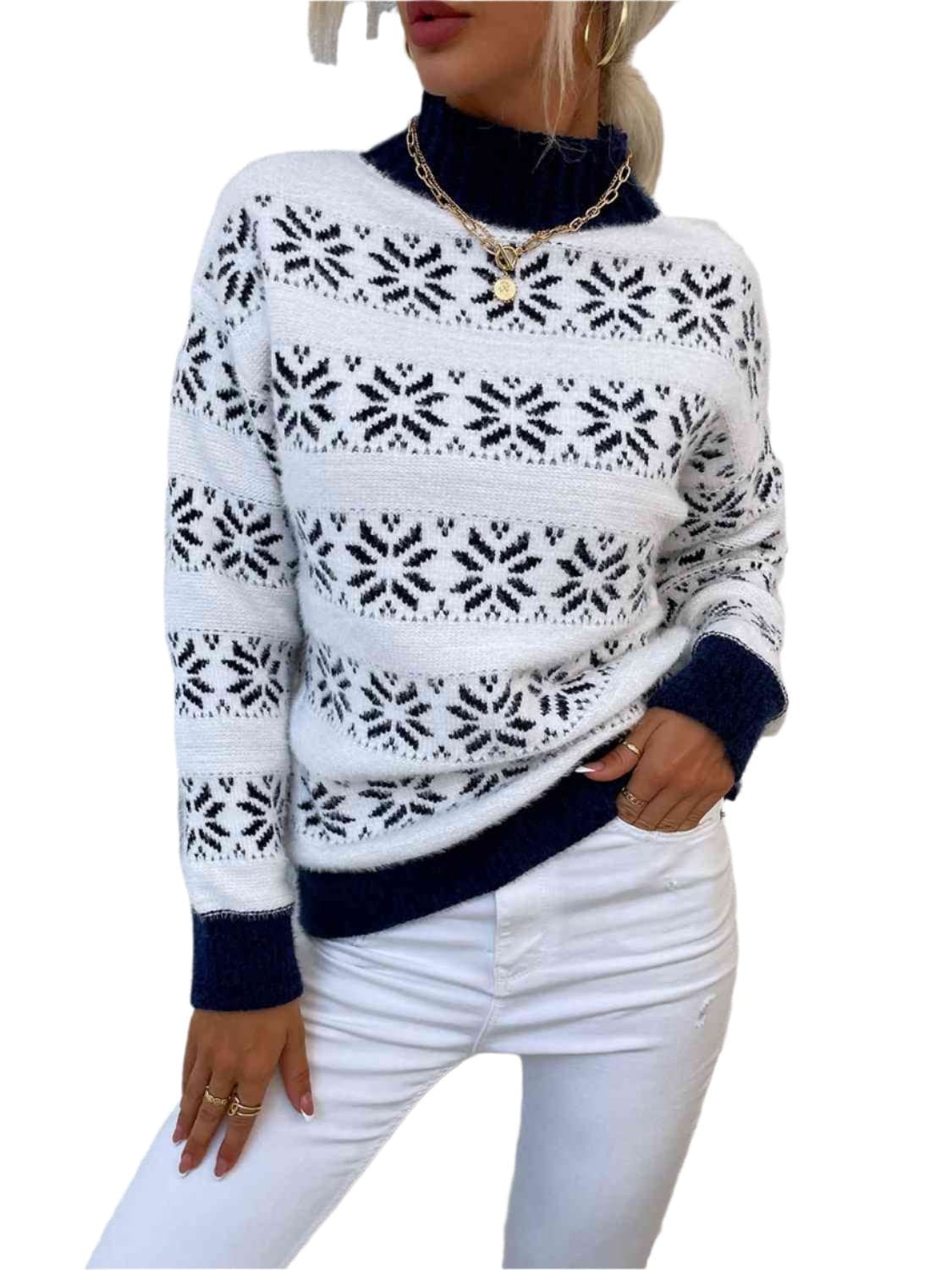 KRE Prime Women Snowflake Pattern Mock Neck Sweater - KRE Prime