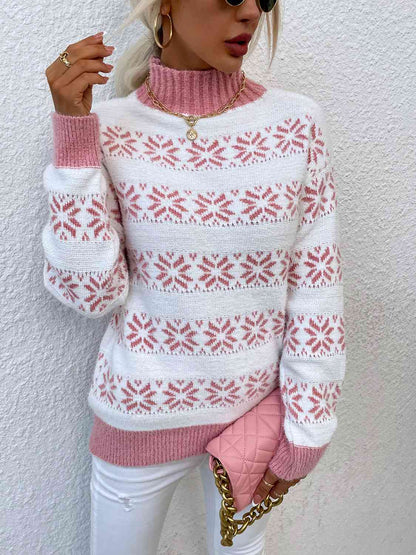 KRE Prime Women Snowflake Pattern Mock Neck Sweater - KRE Prime