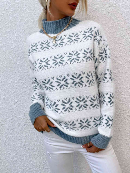 KRE Prime Women Snowflake Pattern Mock Neck Sweater - KRE Prime
