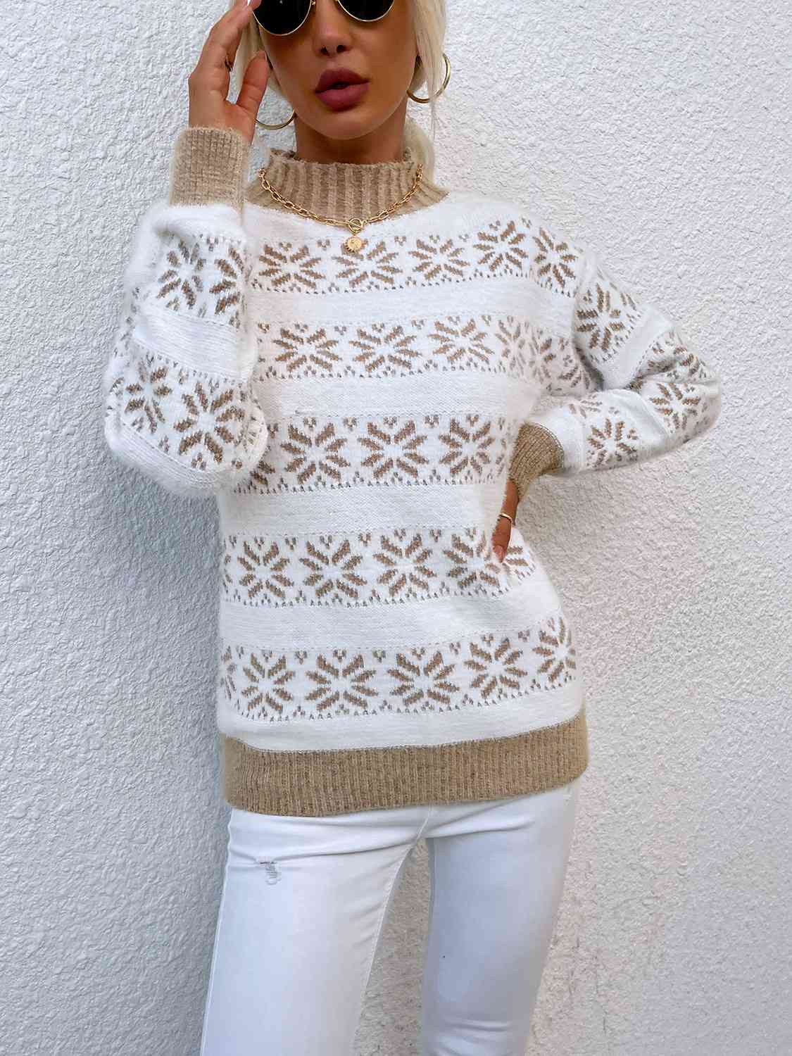 KRE Prime Women Snowflake Pattern Mock Neck Sweater - KRE Prime