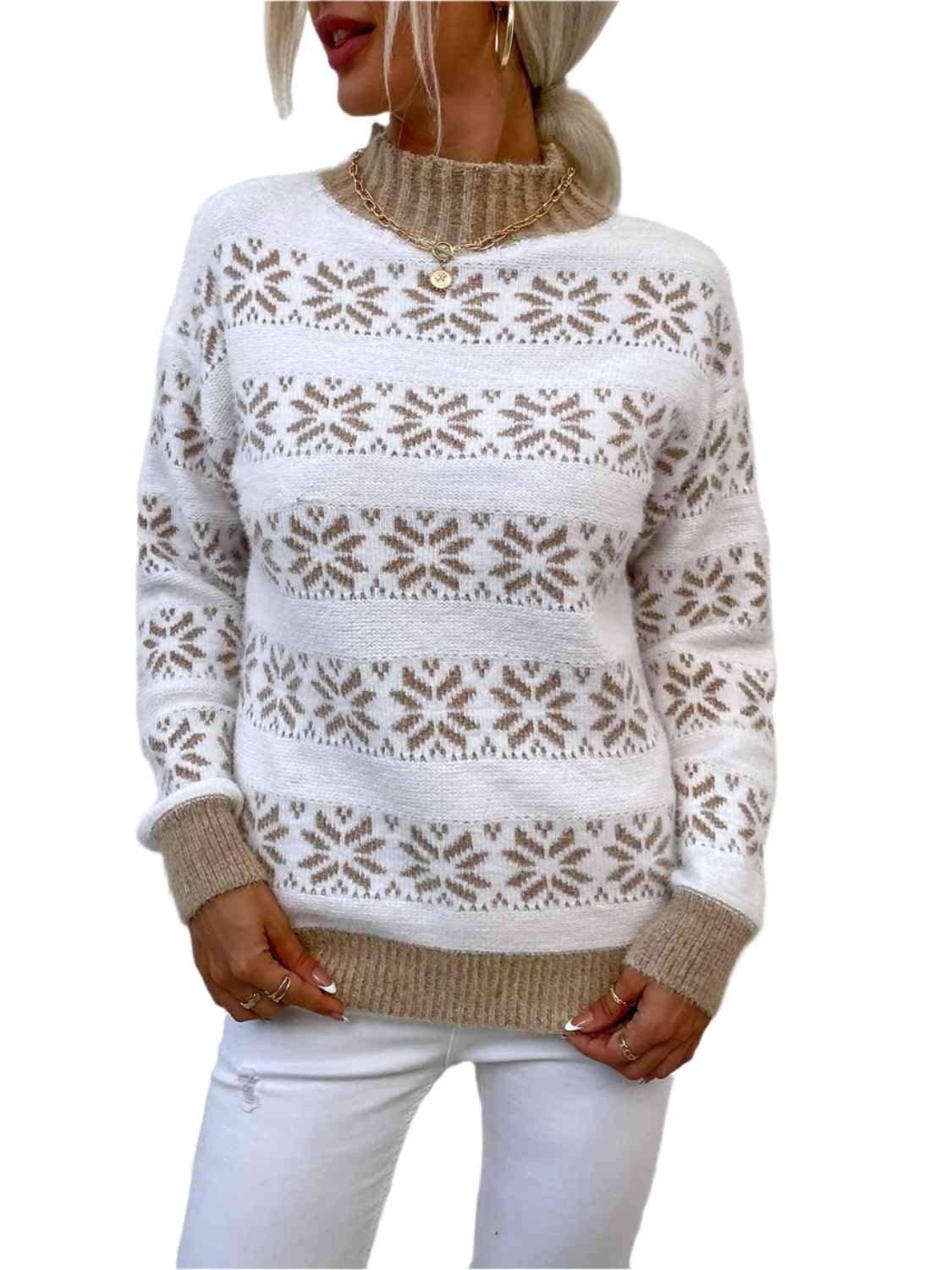 KRE Prime Women Snowflake Pattern Mock Neck Sweater - KRE Prime
