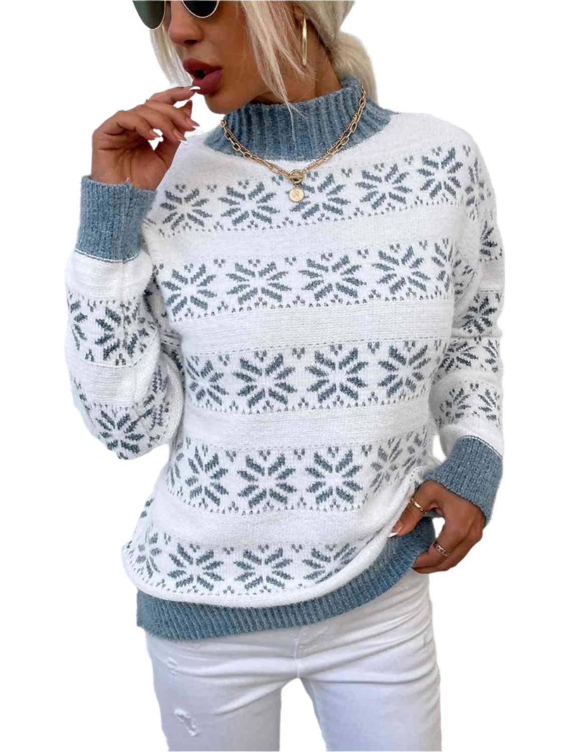 KRE Prime Women Snowflake Pattern Mock Neck Sweater - KRE Prime