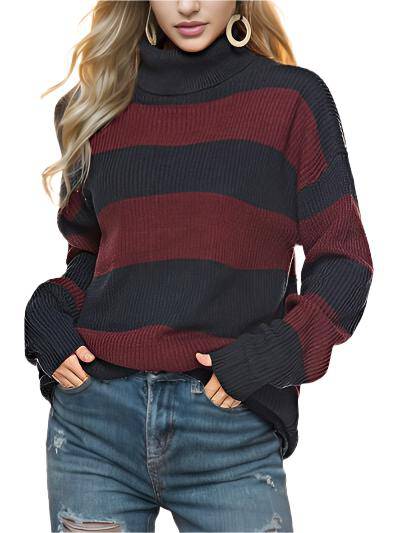 KRE Prime Women Striped Turtleneck Long Sleeve Sweater - KRE Prime