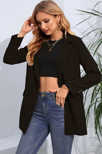 Lapel Neck Long Sleeve Blazer with Pockets - KRE Prime Deals