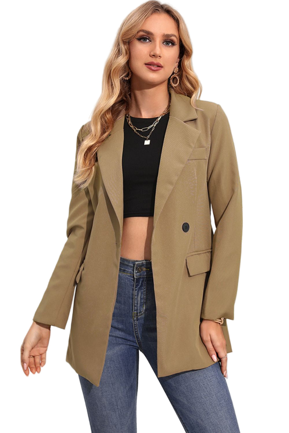Lapel Neck Long Sleeve Blazer with Pockets - KRE Prime Deals