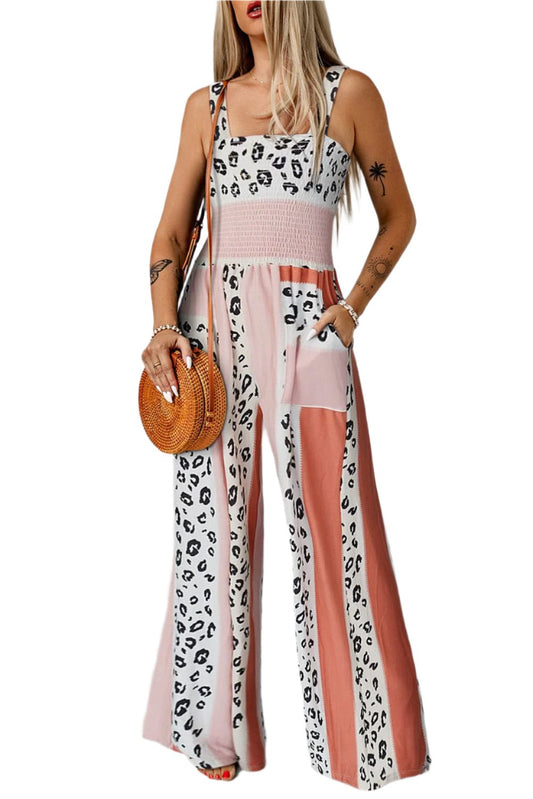 Leopard Color Block Smocked Jumpsuit - KRE Prime Deals