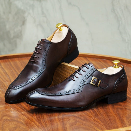 Luxury Leather Mens Dress Shoes Office Business Wedding Formal Shoes Brown Black Lace Up Buckle Pointed Toe Oxford Shoes for Men - KRE Prime Deals