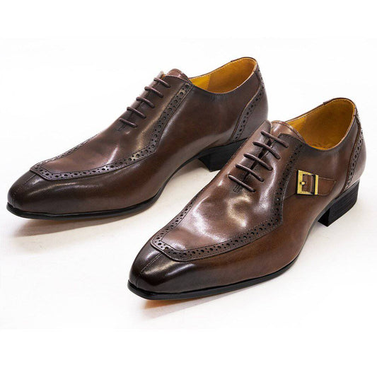 KRE Prime men's luxury Oxford leather dress shoes in brown and black with pointed toe and lace-up design for formal occasions