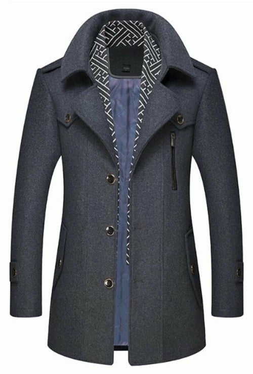 Mens Layered Collar Button Front Mid Length Coat - KRE Prime