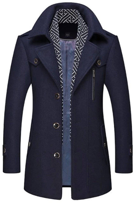 KRE PRIME men's layered collar button-front mid-length coat, stylish men’s jacket with classic design and button details.