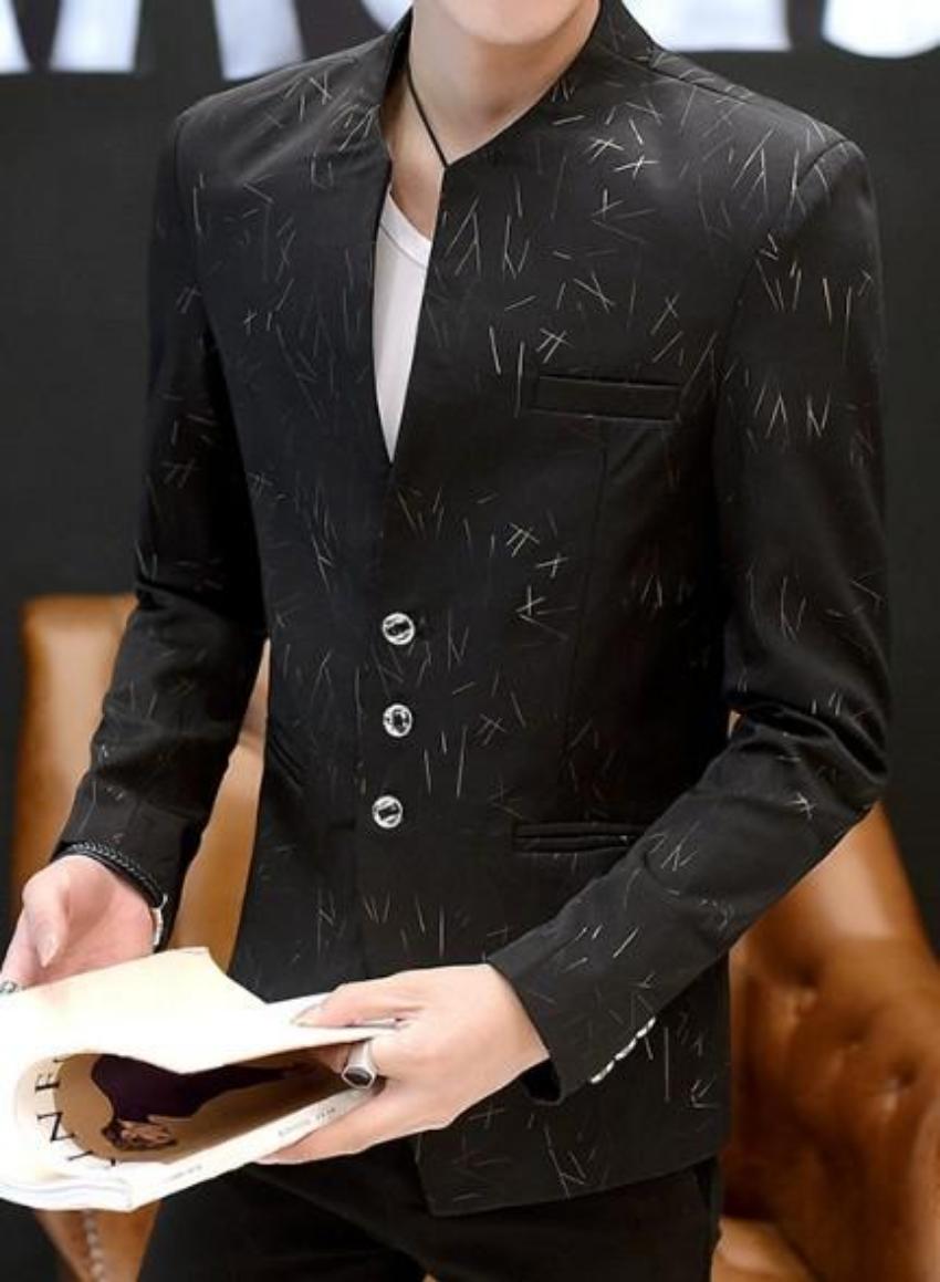 Mens Slim Round Stand Collar Pattern Blazer - KRE Prime Deals