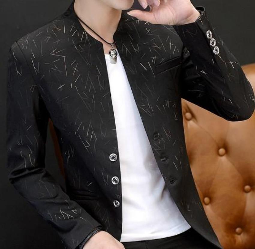 Mens Slim Round Stand Collar Pattern Blazer - KRE Prime Deals