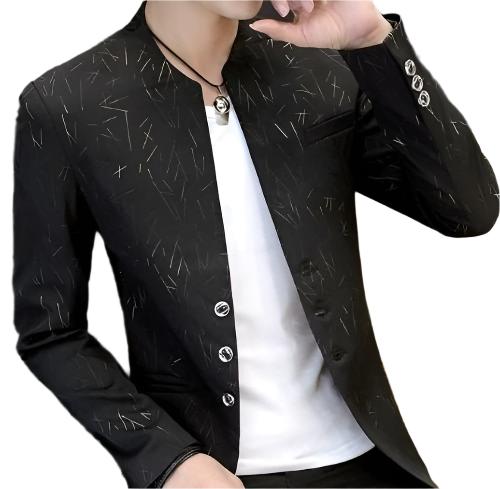 Mens Slim Round Stand Collar Pattern Blazer - KRE Prime Deals
