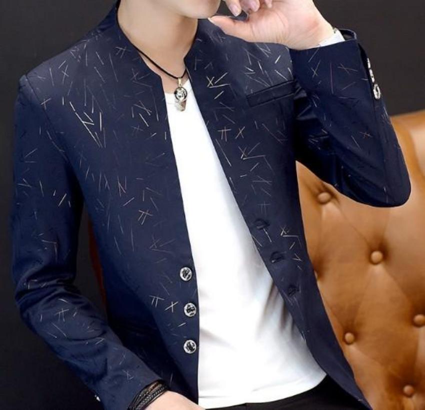 Mens Slim Round Stand Collar Pattern Blazer - KRE Prime Deals