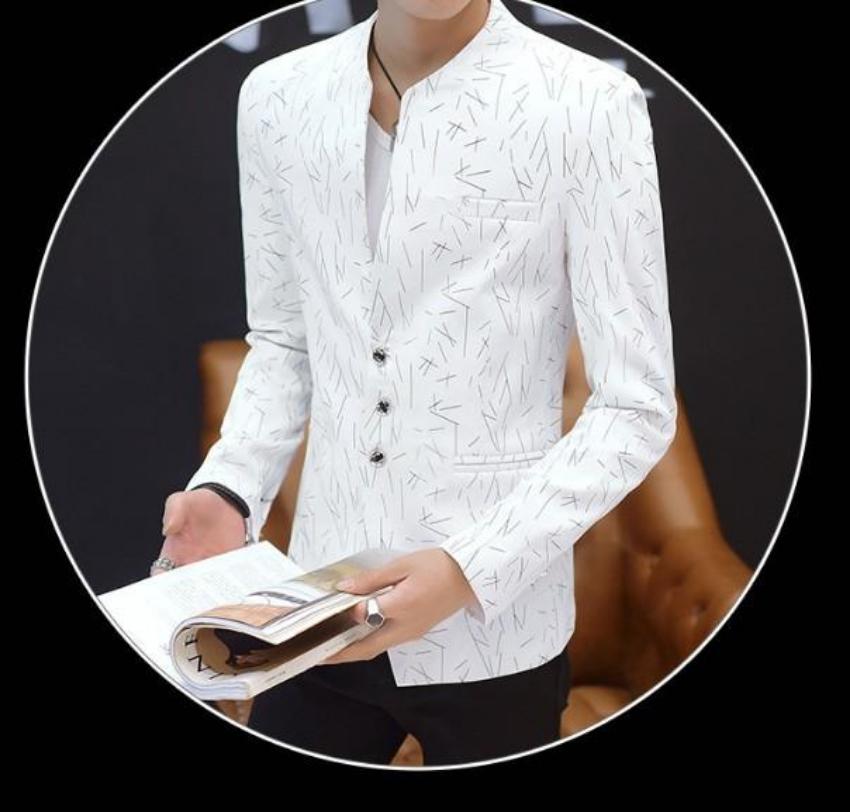 Mens Slim Round Stand Collar Pattern Blazer - KRE Prime Deals