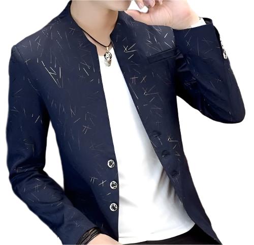 Mens Slim Round Stand Collar Pattern Blazer - KRE Prime Deals