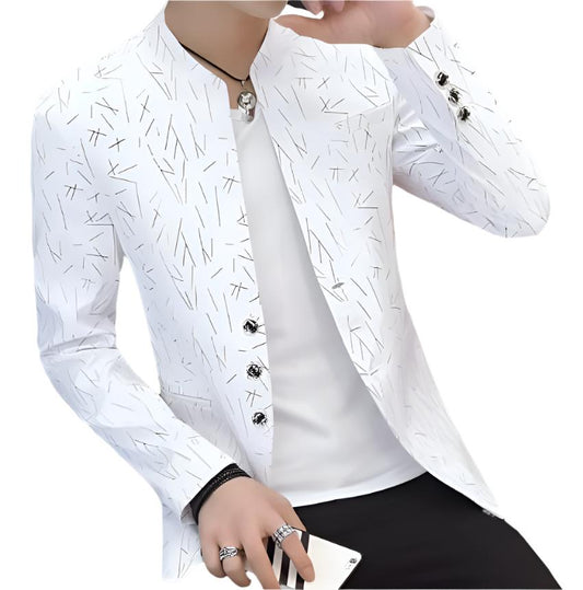 Mens Slim Round Stand Collar Pattern Blazer - KRE Prime Deals