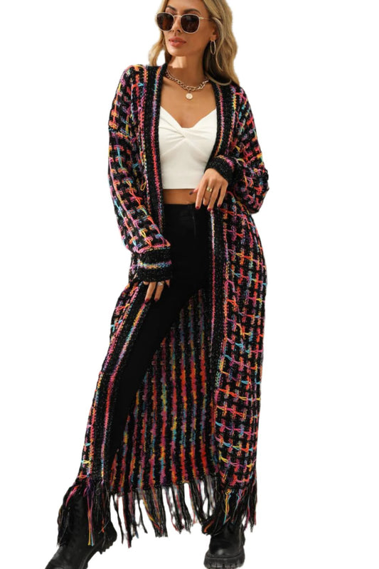 Multicolored Open Front Fringe Hem Cardigan - KRE Prime Deals