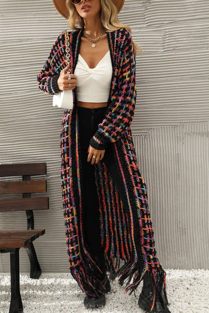 Multicolored Open Front Fringe Hem Cardigan - KRE Prime Deals