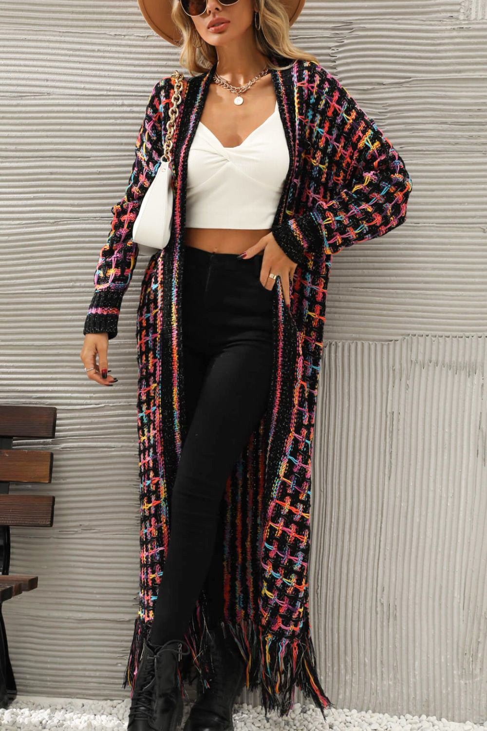 Multicolored Open Front Fringe Hem Cardigan - KRE Prime Deals