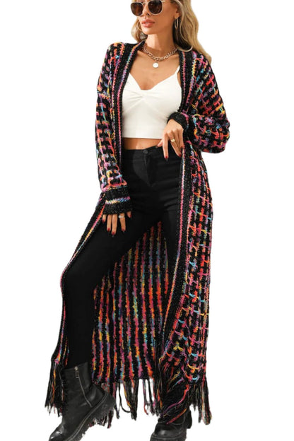 Multicolored Open Front Fringe Hem Cardigan - KRE Prime Deals