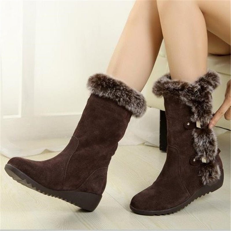 New Winter Women Boots Casual Warm Fur Mid-Calf Boots shoes Women Slip-On Round Toe wedges Snow Boots shoes Muje Plus size 42 - KRE Prime Deals