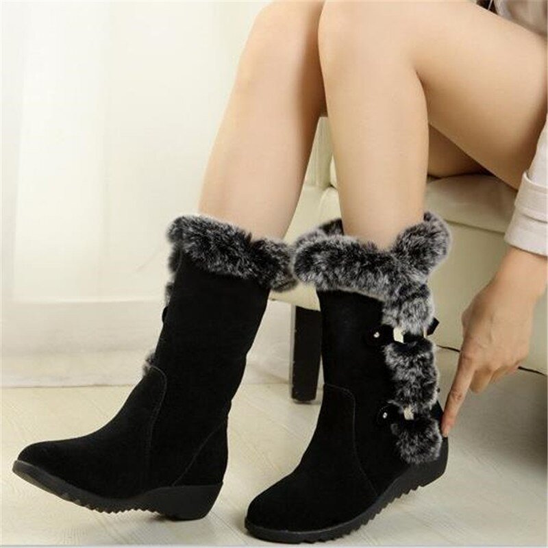 New Winter Women Boots Casual Warm Fur Mid-Calf Boots shoes Women Slip-On Round Toe wedges Snow Boots shoes Muje Plus size 42 - KRE Prime Deals