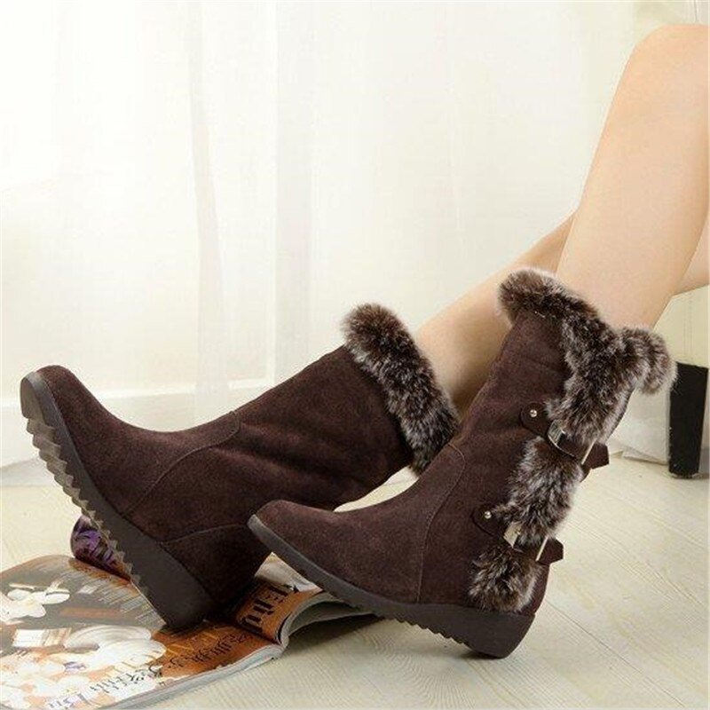 New Winter Women Boots Casual Warm Fur Mid-Calf Boots shoes Women Slip-On Round Toe wedges Snow Boots shoes Muje Plus size 42 - KRE Prime Deals