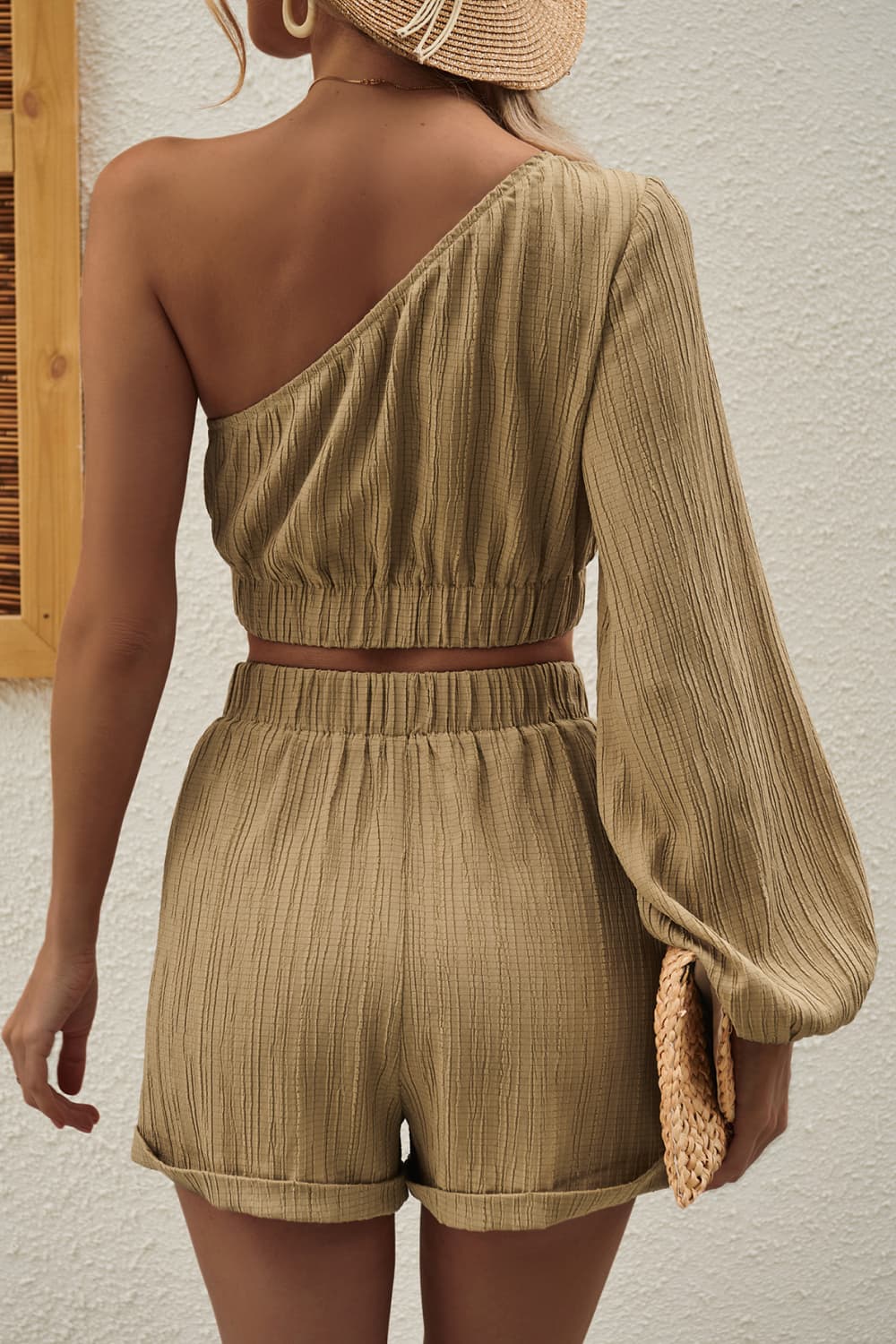 One-Shoulder Balloon Sleeve Crop Top and Shorts Set - KRE Prime Deals
