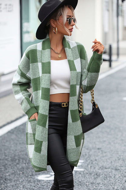 Plaid Dropped Shoulder Cardigan with Pocket - KRE Prime Deals