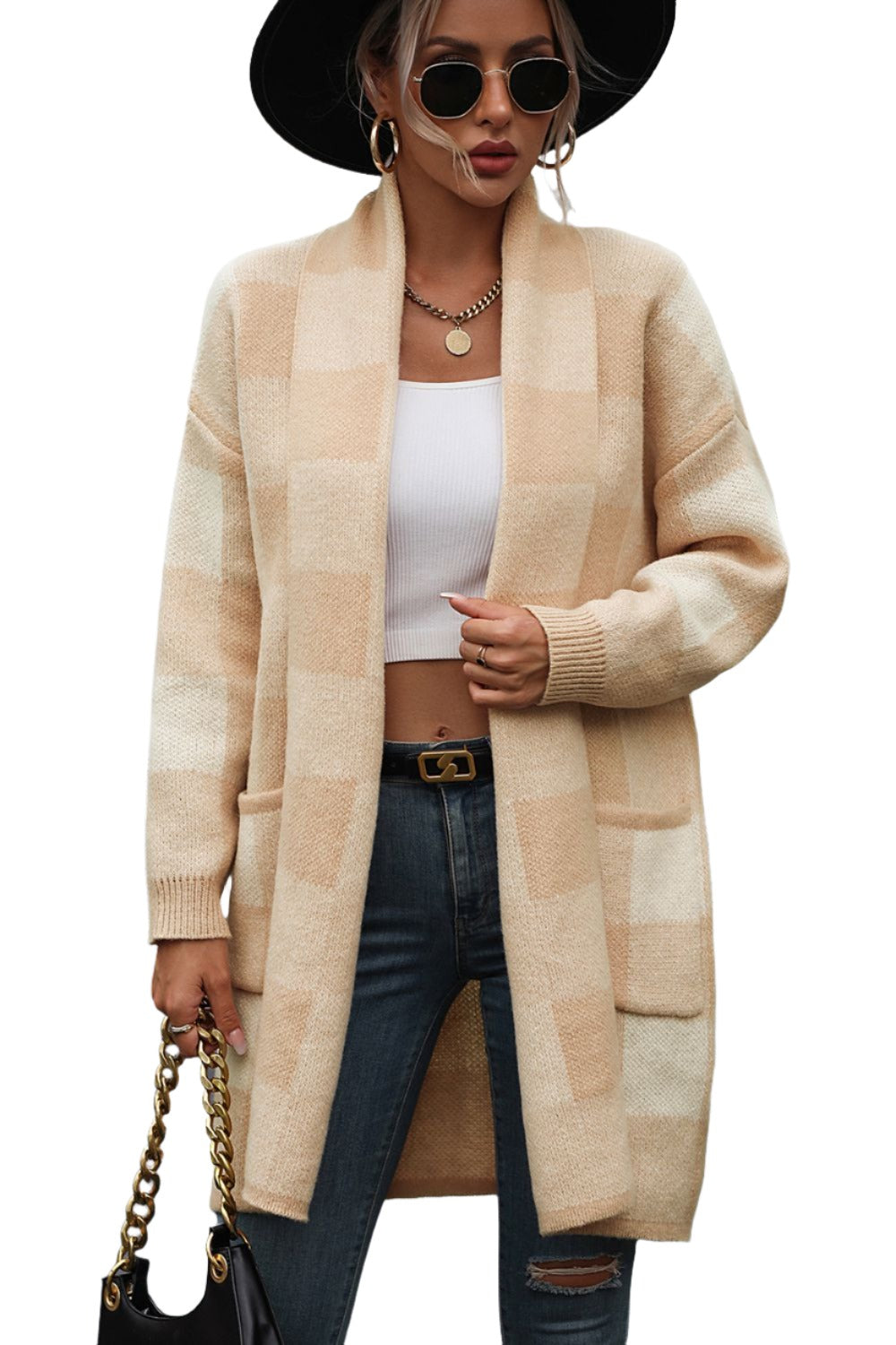 Plaid Dropped Shoulder Cardigan with Pocket - KRE Prime Deals