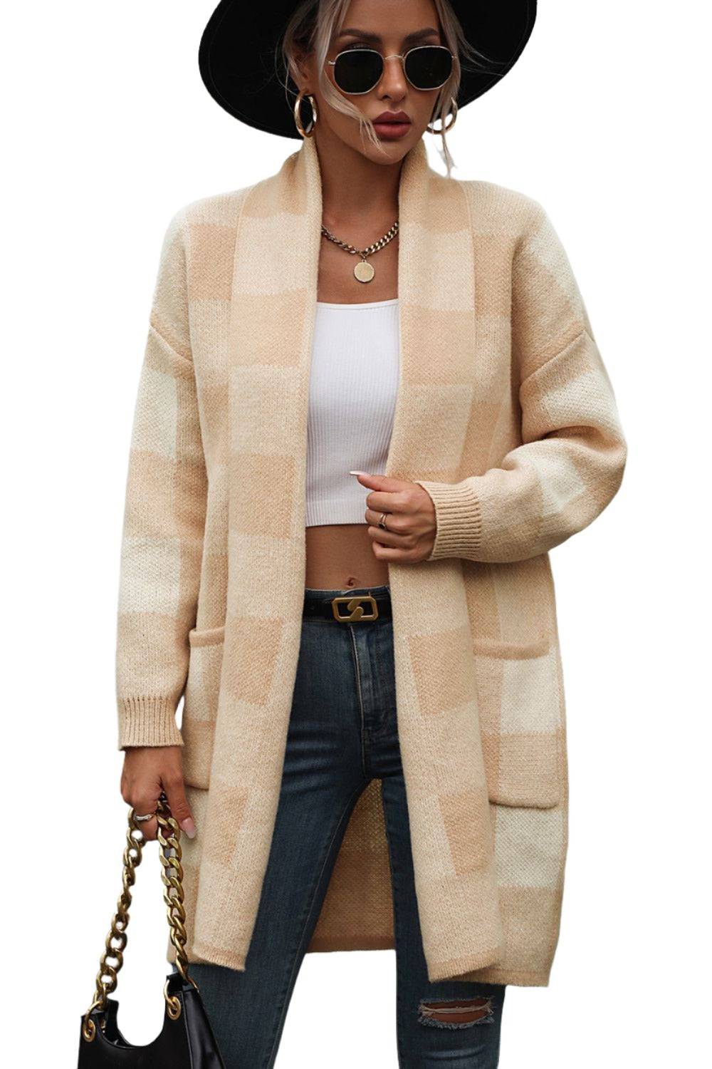 Plaid Dropped Shoulder Cardigan with Pocket - KRE Prime Deals