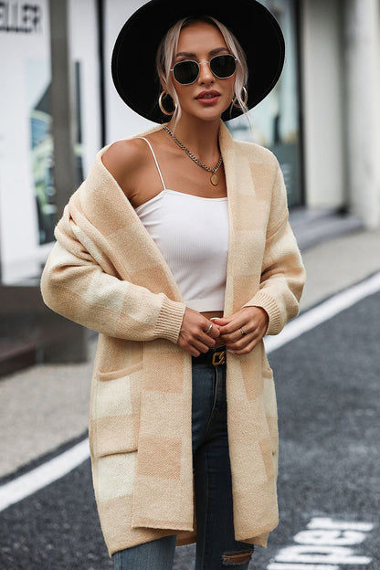 Plaid Dropped Shoulder Cardigan with Pocket - KRE Prime Deals