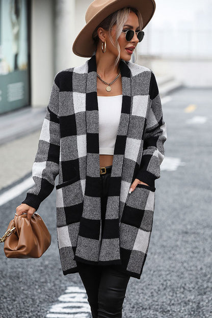 Plaid Dropped Shoulder Cardigan with Pocket - KRE Prime Deals