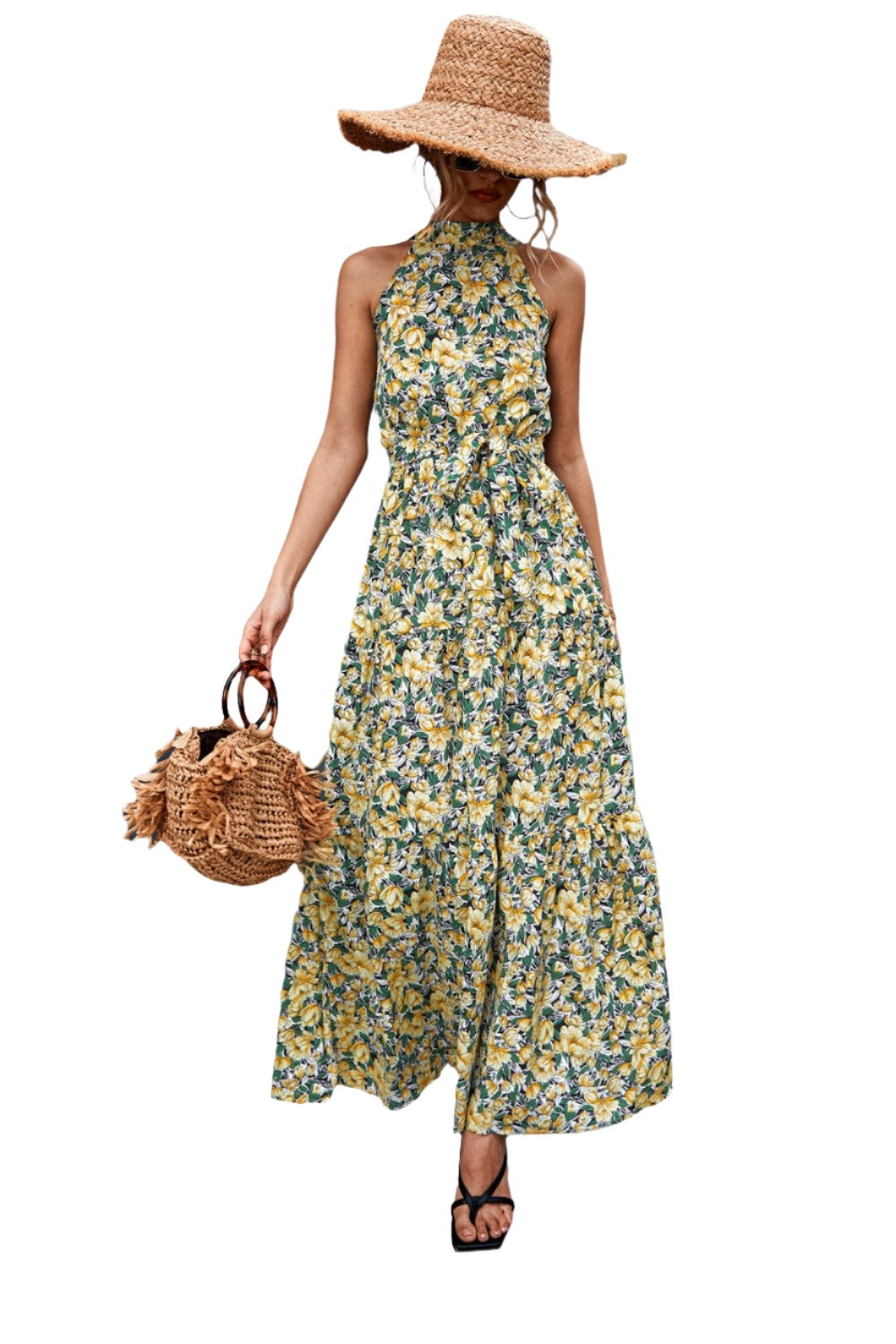 Printed Sleeveless Tie Waist Maxi Dress - KRE Prime Deals