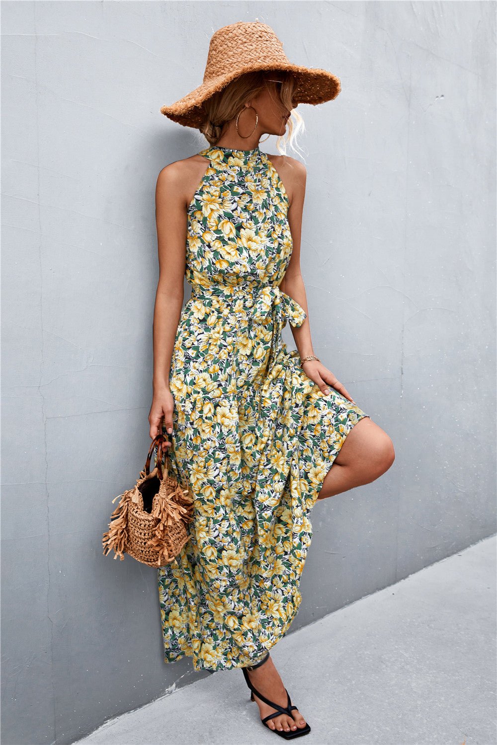 Printed Sleeveless Tie Waist Maxi Dress - KRE Prime Deals