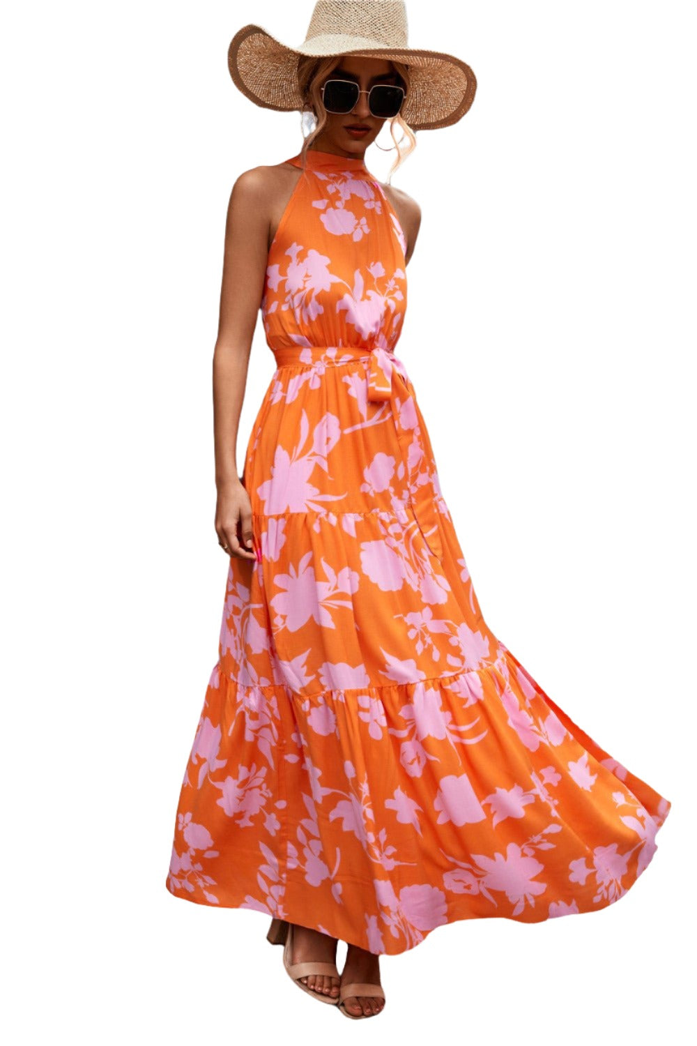 Printed Sleeveless Tie Waist Maxi Dress - KRE Prime Deals