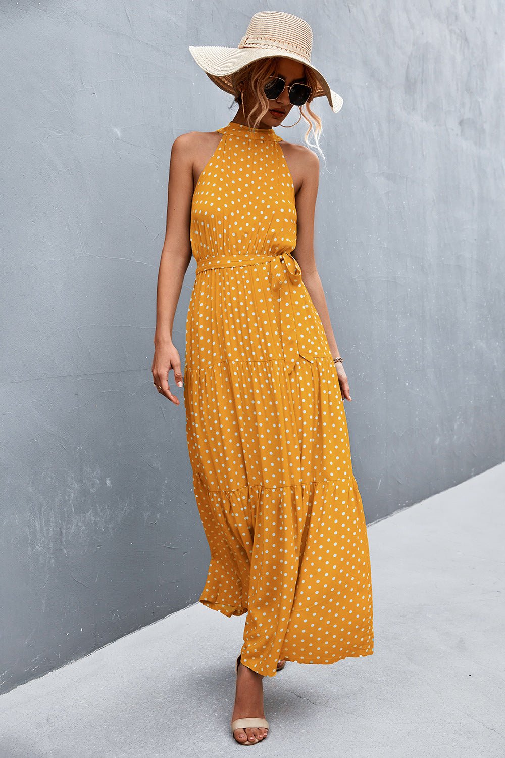 Printed Sleeveless Tie Waist Maxi Dress - KRE Prime Deals