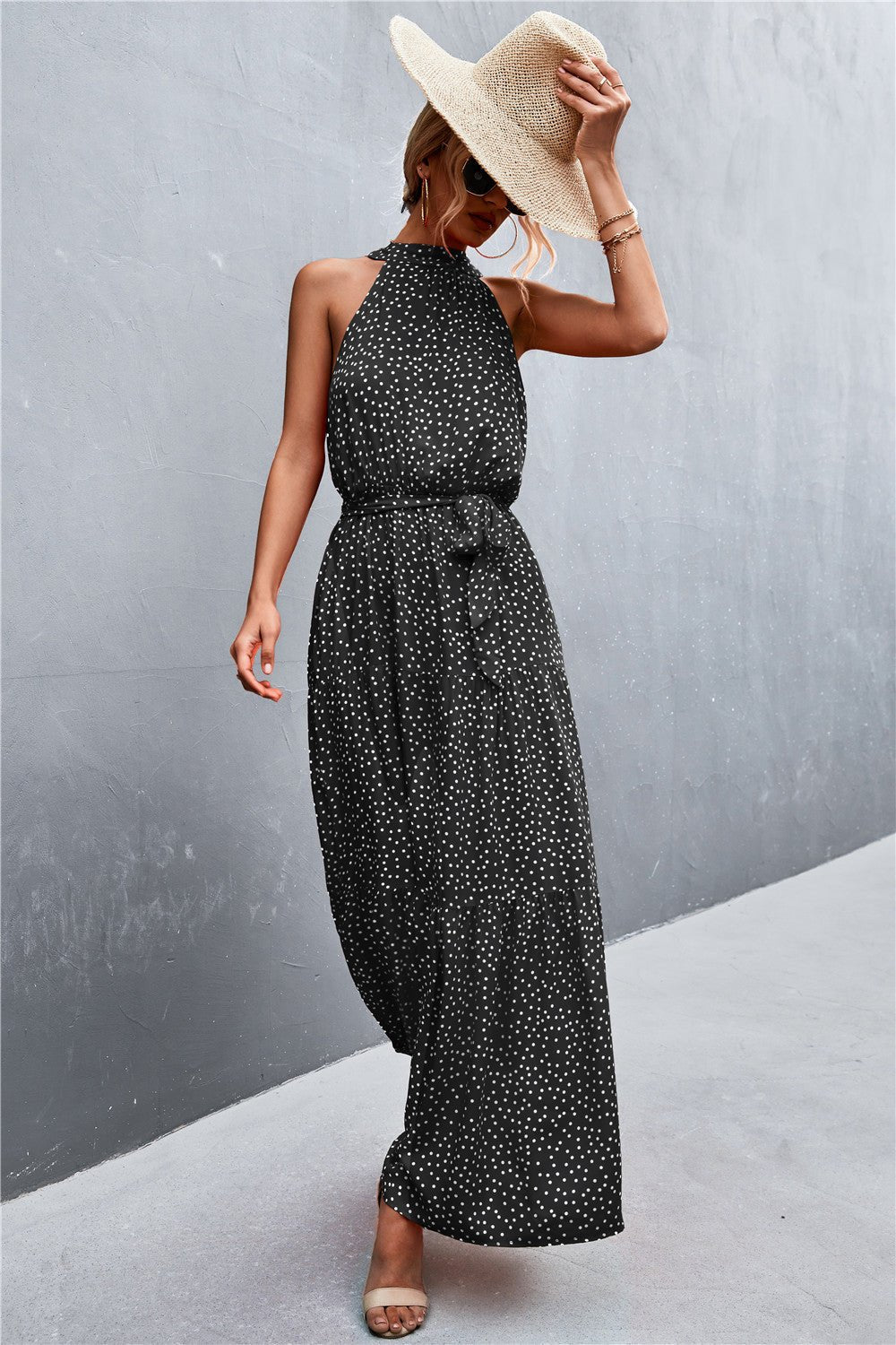 Printed Sleeveless Tie Waist Maxi Dress - KRE Prime Deals