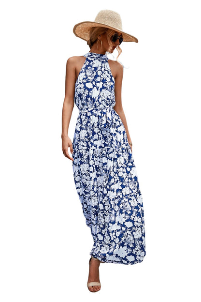 Printed Sleeveless Tie Waist Maxi Dress - KRE Prime Deals