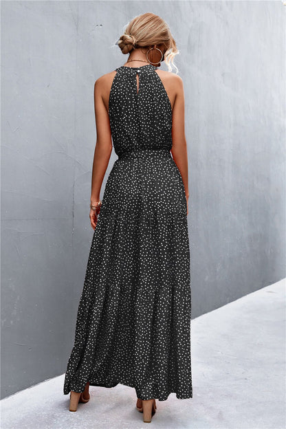 Printed Sleeveless Tie Waist Maxi Dress - KRE Prime Deals