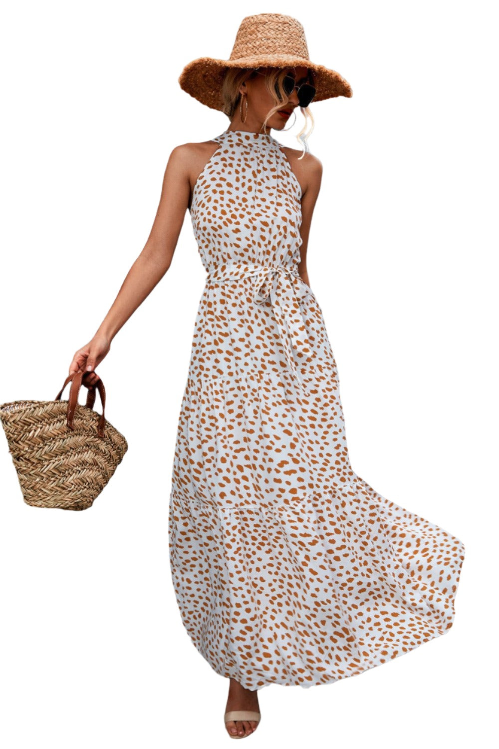 Printed Sleeveless Tie Waist Maxi Dress - KRE Prime Deals