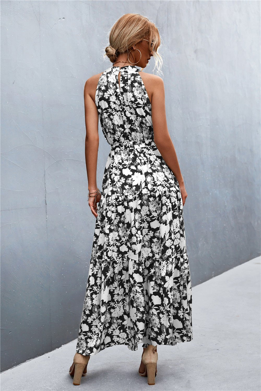 Printed Sleeveless Tie Waist Maxi Dress - KRE Prime Deals