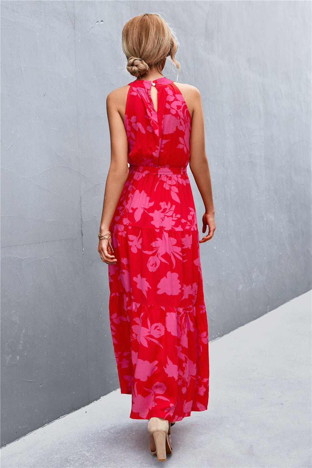 Printed Sleeveless Tie Waist Maxi Dress - KRE Prime Deals