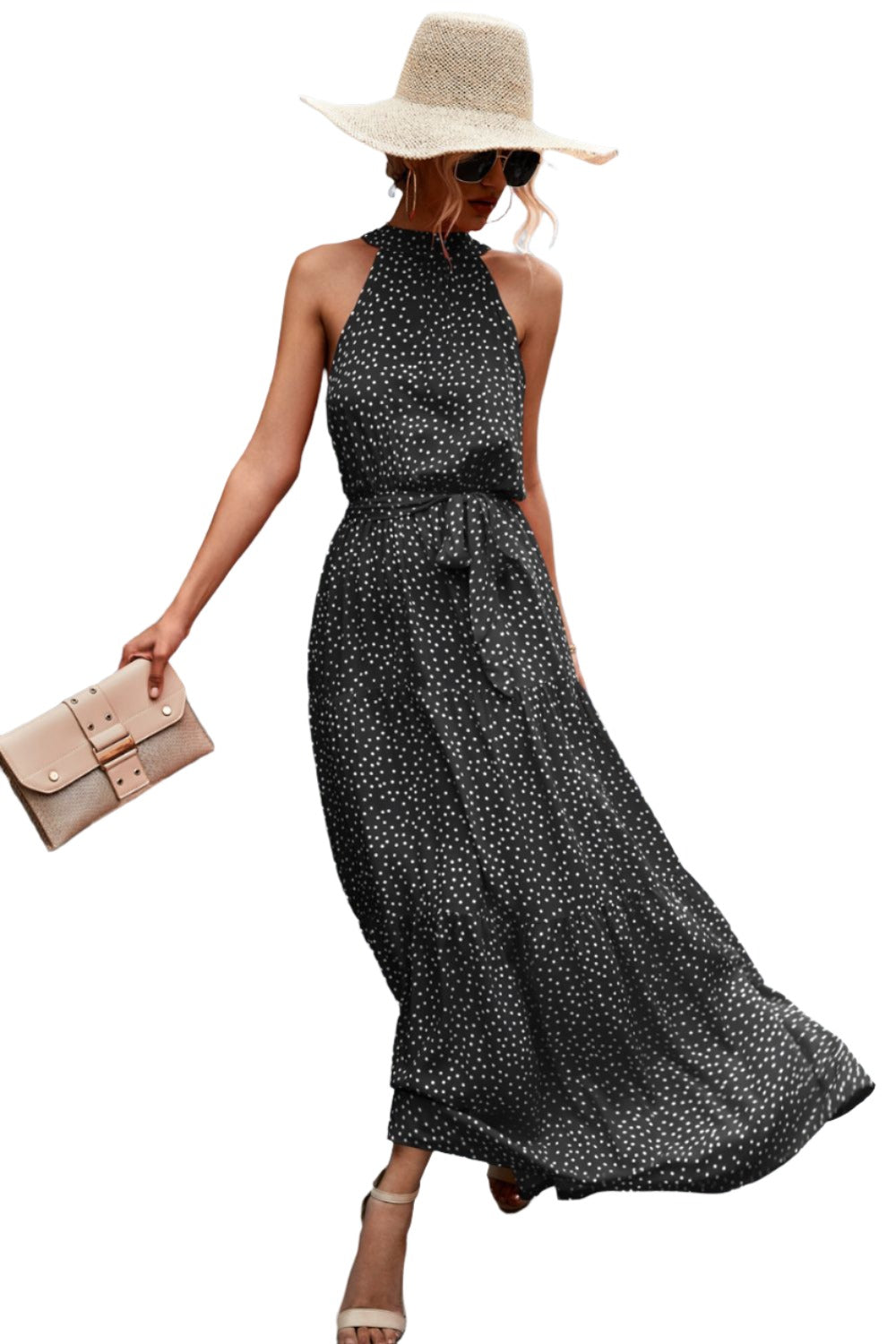 Printed Sleeveless Tie Waist Maxi Dress - KRE Prime Deals